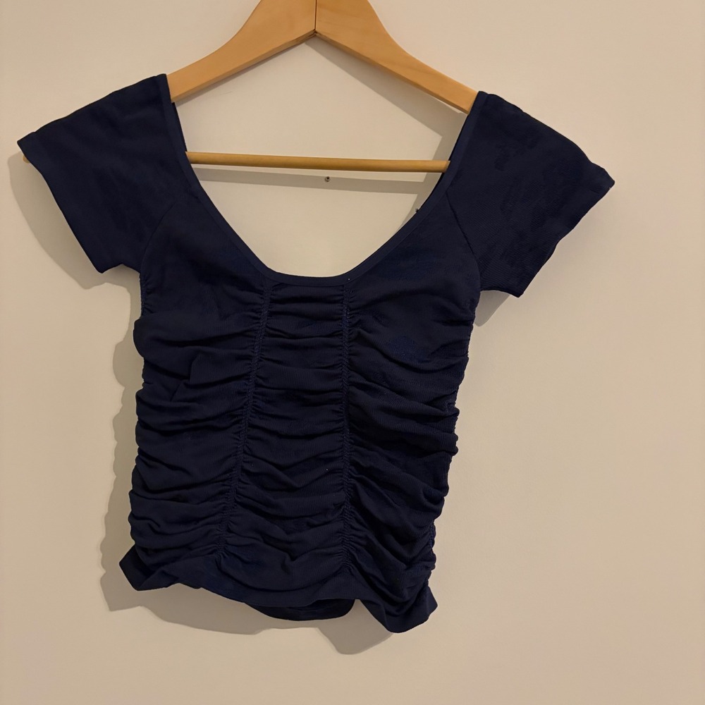 Intimately Free People Navy Blue Ruched Ribbed Crop Top XS/S Short Sleeve Scoop